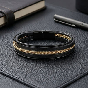 Niki Leather Gold Çelik Zincir Detaylı Çoklu Deri Erkek Çelik Bileklik 40134B18D1