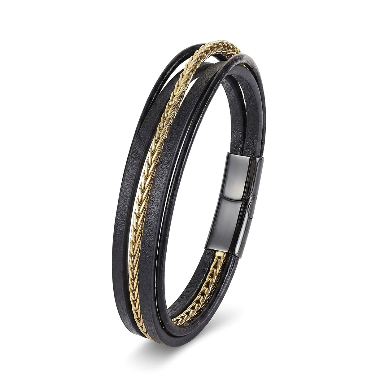 Niki Leather Gold Çelik Zincir Detaylı Çoklu Deri Erkek Çelik Bileklik 40134B18D1