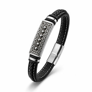 Niki Leather Greek Key Desenli Çelik Kilitli Siyah Deri Erkek Bileklik 40131B8D2