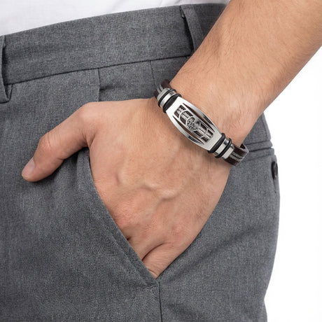 Niki Leather Hayat Ağacı Deri Kordonlu Çelik Halatlı Erkek Bileklik 38934B17D3