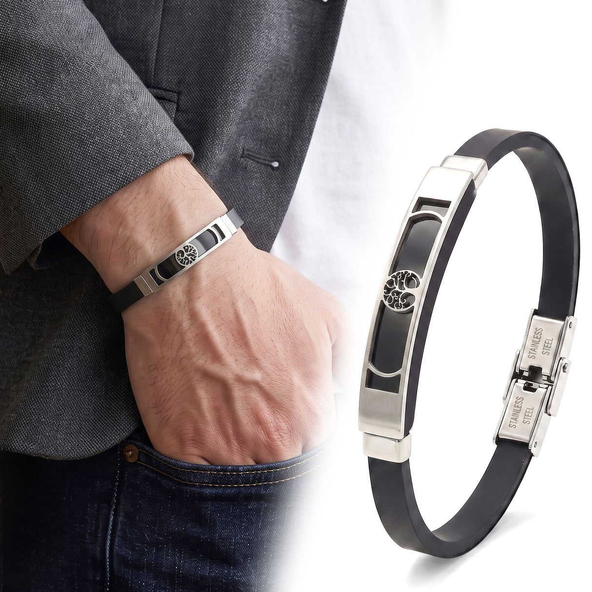Niki Leather Hayat Ağacı Desenli Çelik Erkek Bileklik 4013SCB026