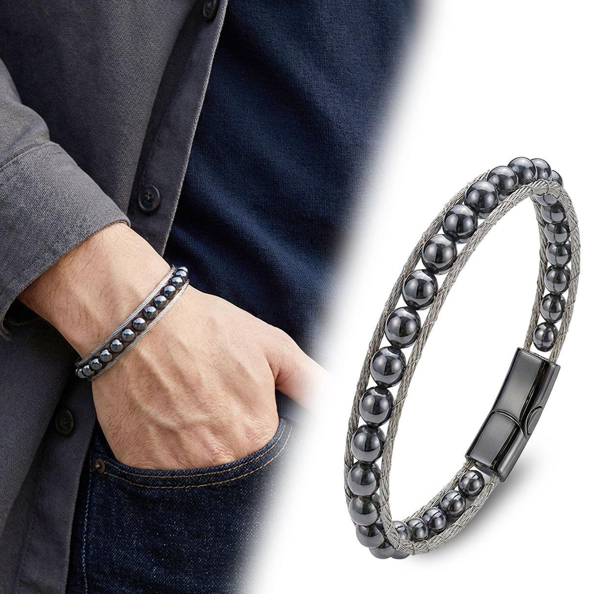 Niki Leather Hematit Doğaltaş Ve Çelik Halat Örme Bileklik 38932B2DH2
