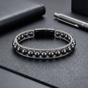 Niki Leather Hematit Doğaltaş Ve Çelik Halat Örme Bileklik 38932B2DH2
