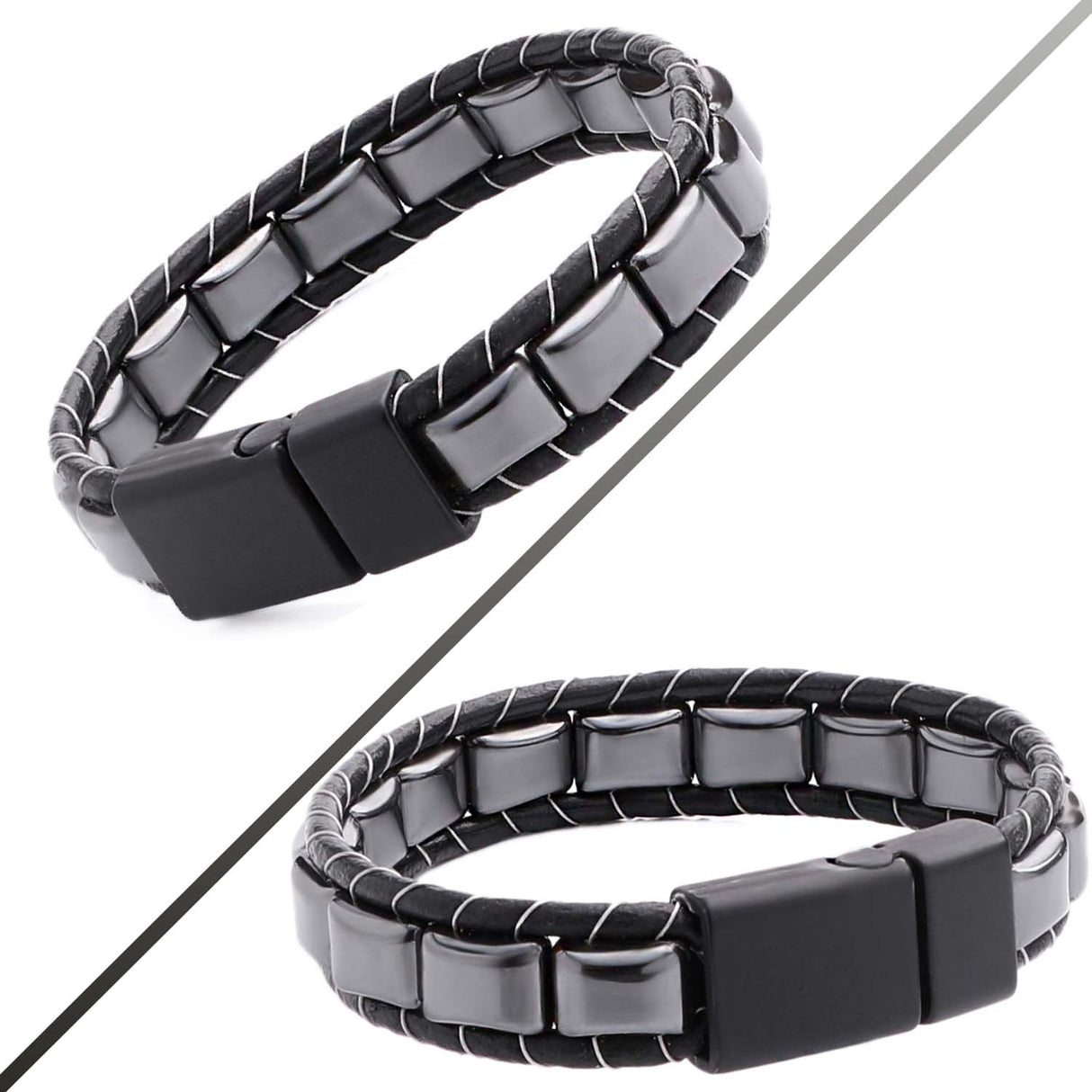 Niki Leather Hematit Örmeli Deri Bileklik 40132B2D8M04