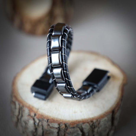 Niki Leather Hematit Örmeli Deri Bileklik 38932B2D8M04