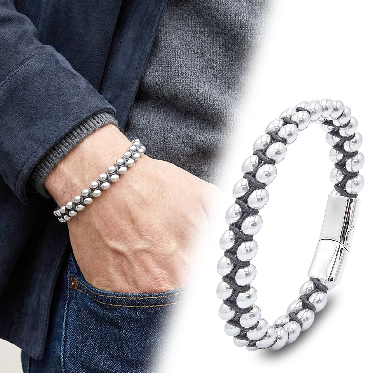 Niki Leather Hematit Ve Çelik Halatlı Erkek Bileklik 38932B18D1