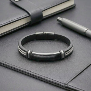 Niki Leather İsim Yazılabilir Çelik Halatlı Deri Ve Siyah Titanyum Kilit Bileklik 40133B15D1