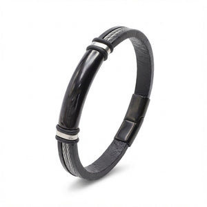 Niki Leather İsim Yazılabilir Çelik Halatlı Deri Ve Siyah Titanyum Kilit Bileklik 40133B15D1