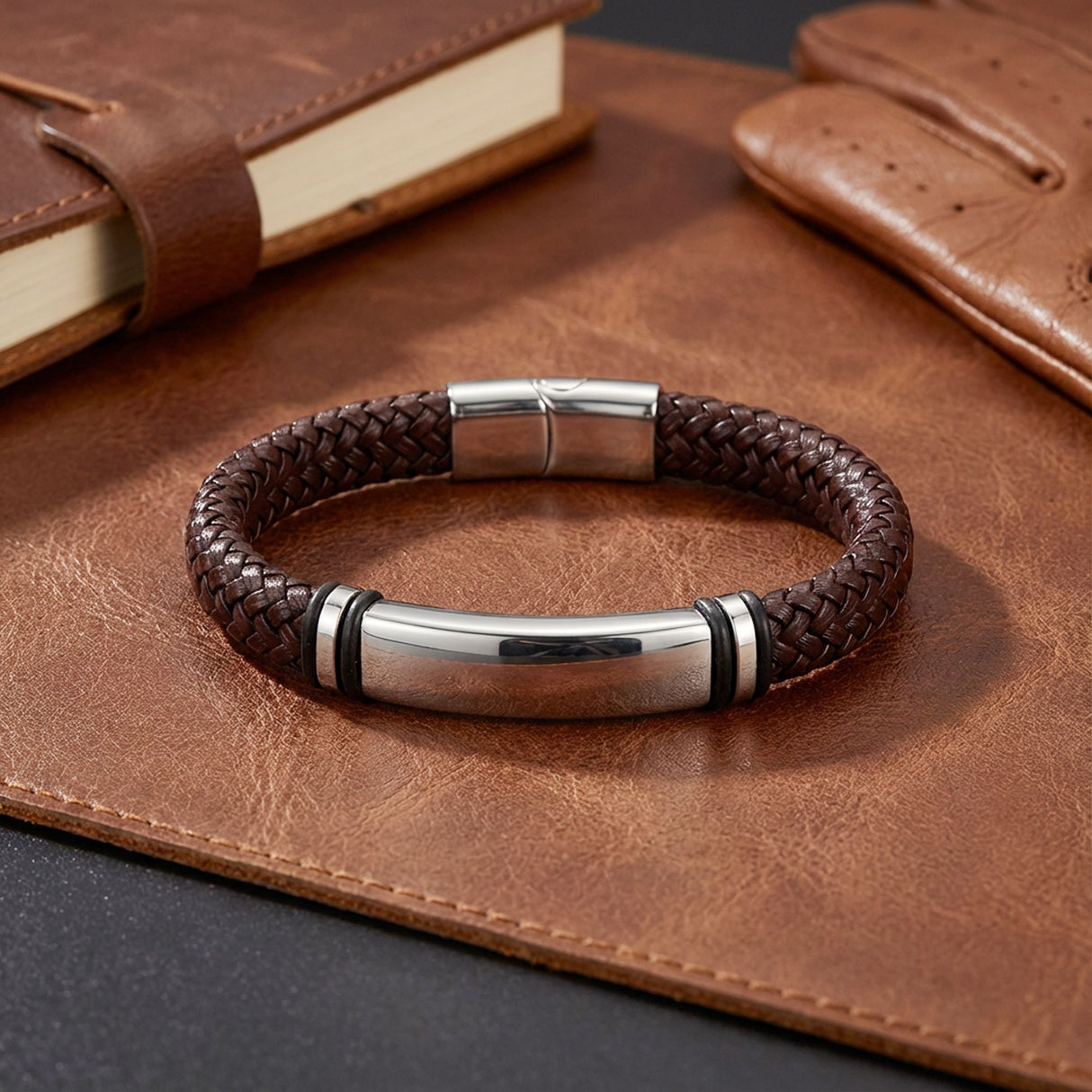 Niki Leather Kahverengi Deri Ve Bayaz Titanyum Kilit Bileklik 40133B15D12