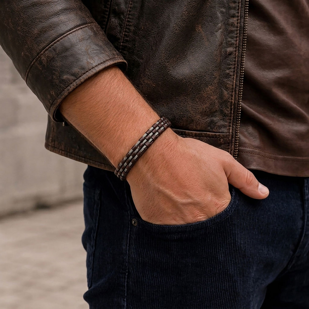 Niki Leather Kahve Deri Burma Örgü Çelik Halat Bileklik 40134B1D3-3