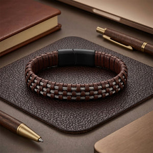 Niki Leather Kahve Deri Burma Örgü Çelik Halat Bileklik 40134B1D3-3