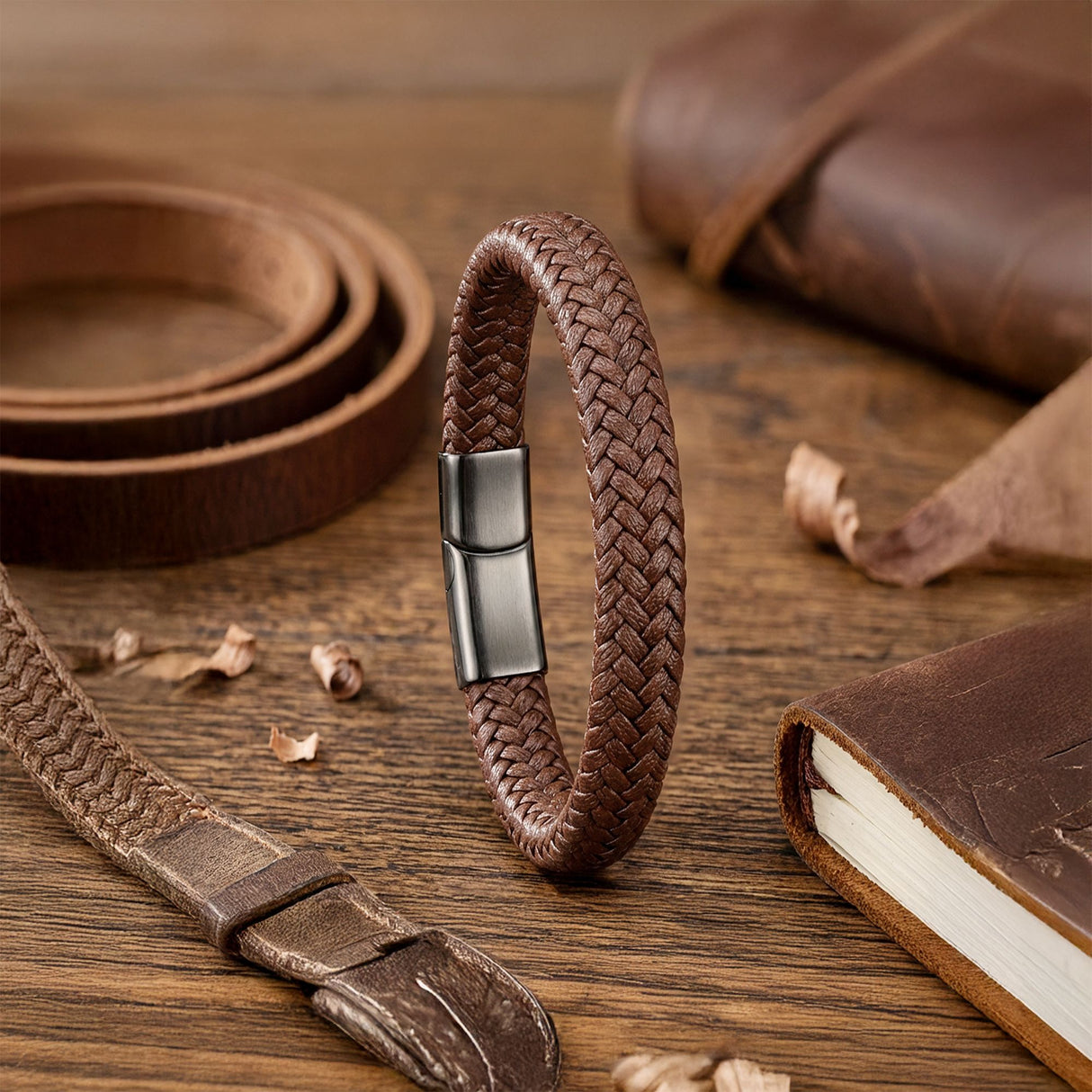 Niki Leather Kahve Deri Örgü Çelik Bileklik 40133B4D5