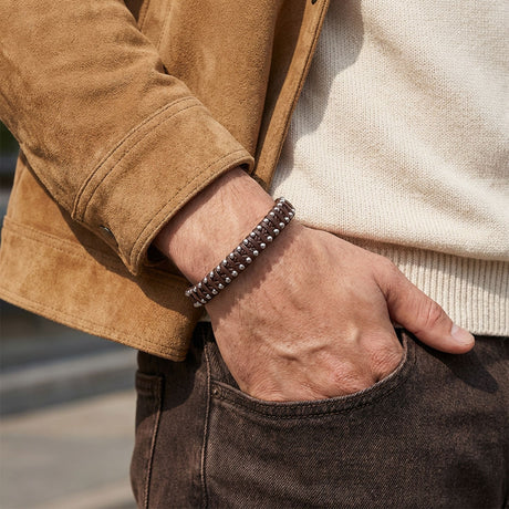 Niki Leather Kahve Rengi Deri Ve Damla Çelik Zincirli Bileklik 38934B1D2-3