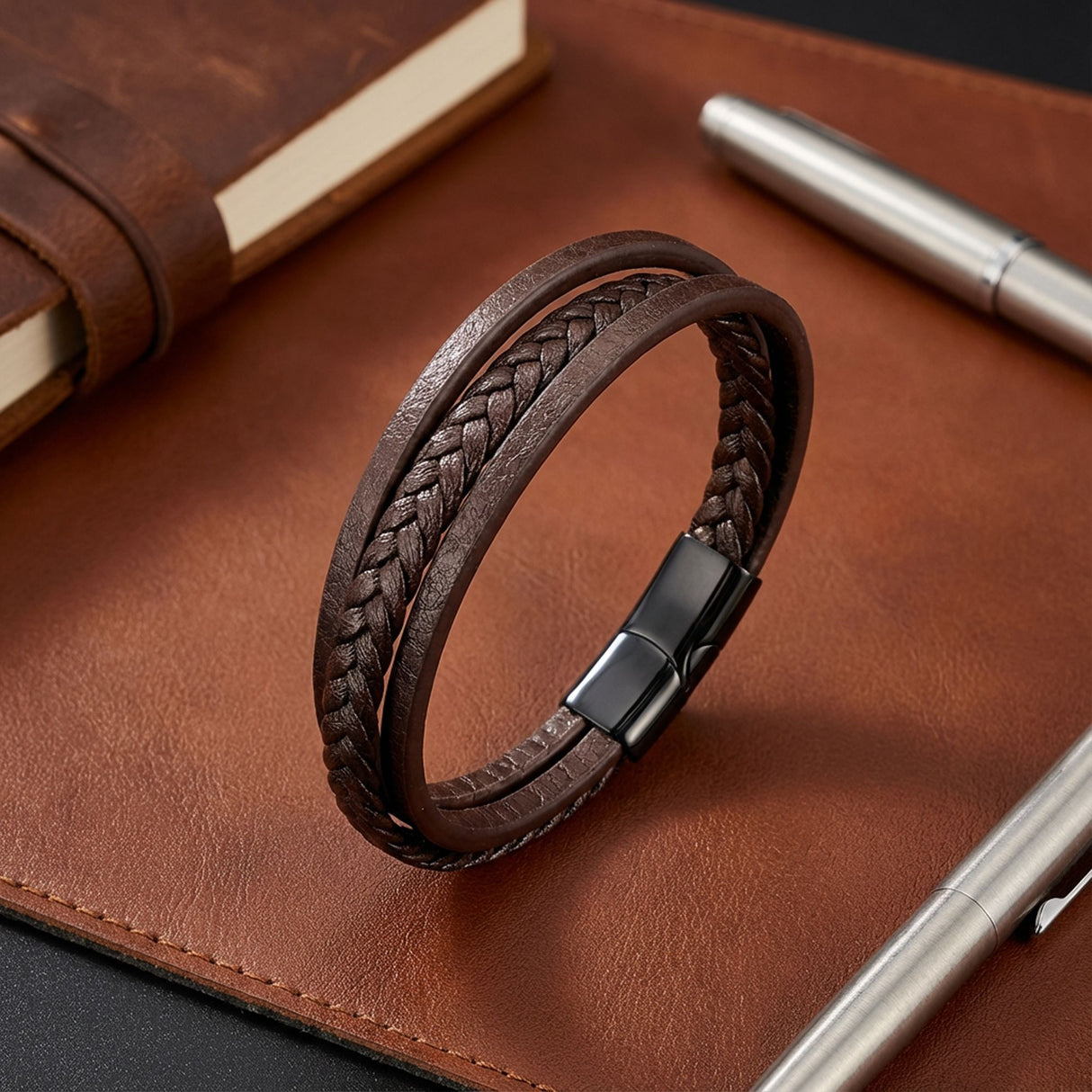 Niki Leather Kahverengi Deri Erkek Bileklik Çelik Manyetik Kilitli 38933B14D4