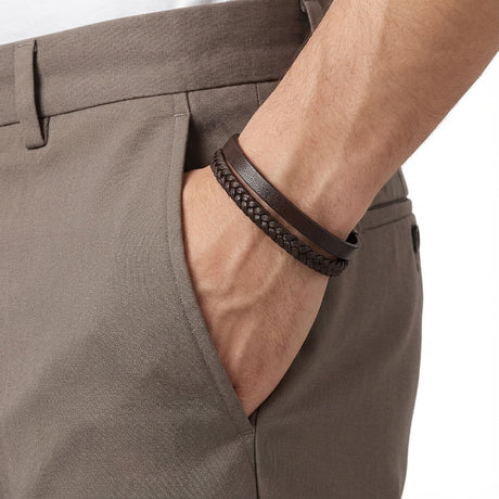 Niki Leather Kahverengi Deri Ve Saç Örgü İkili Çoklu Çelik Bileklik 40133B12D2