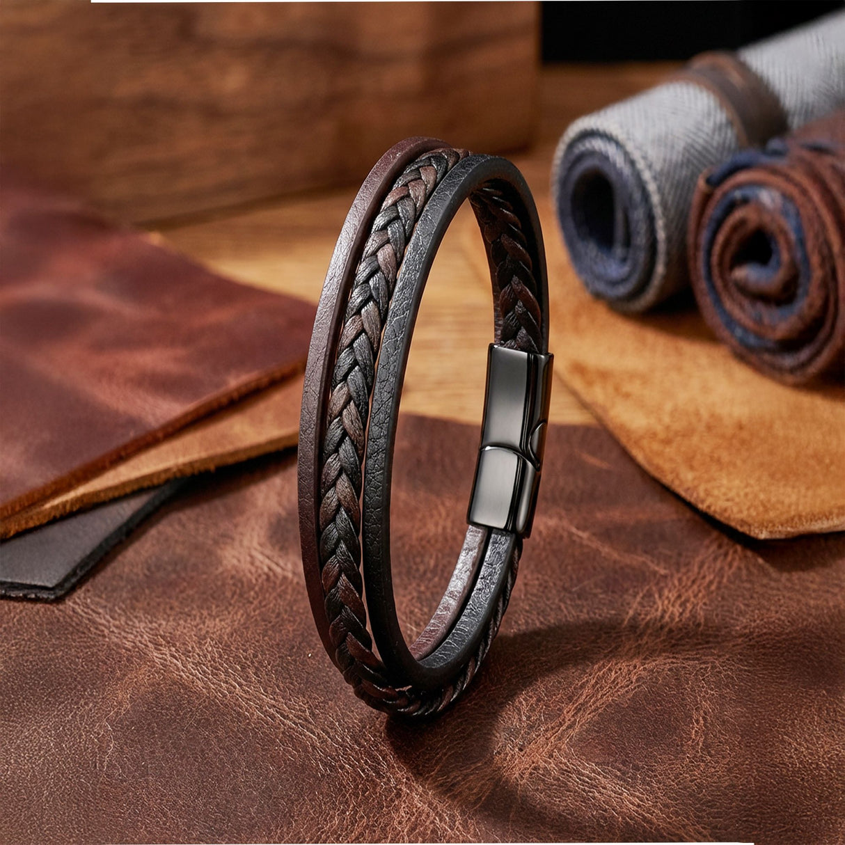 Niki Leather Kahverengi Siyah Deri Erkek Bileklik –Çelik Manyetik Kilitli 38933B14D2
