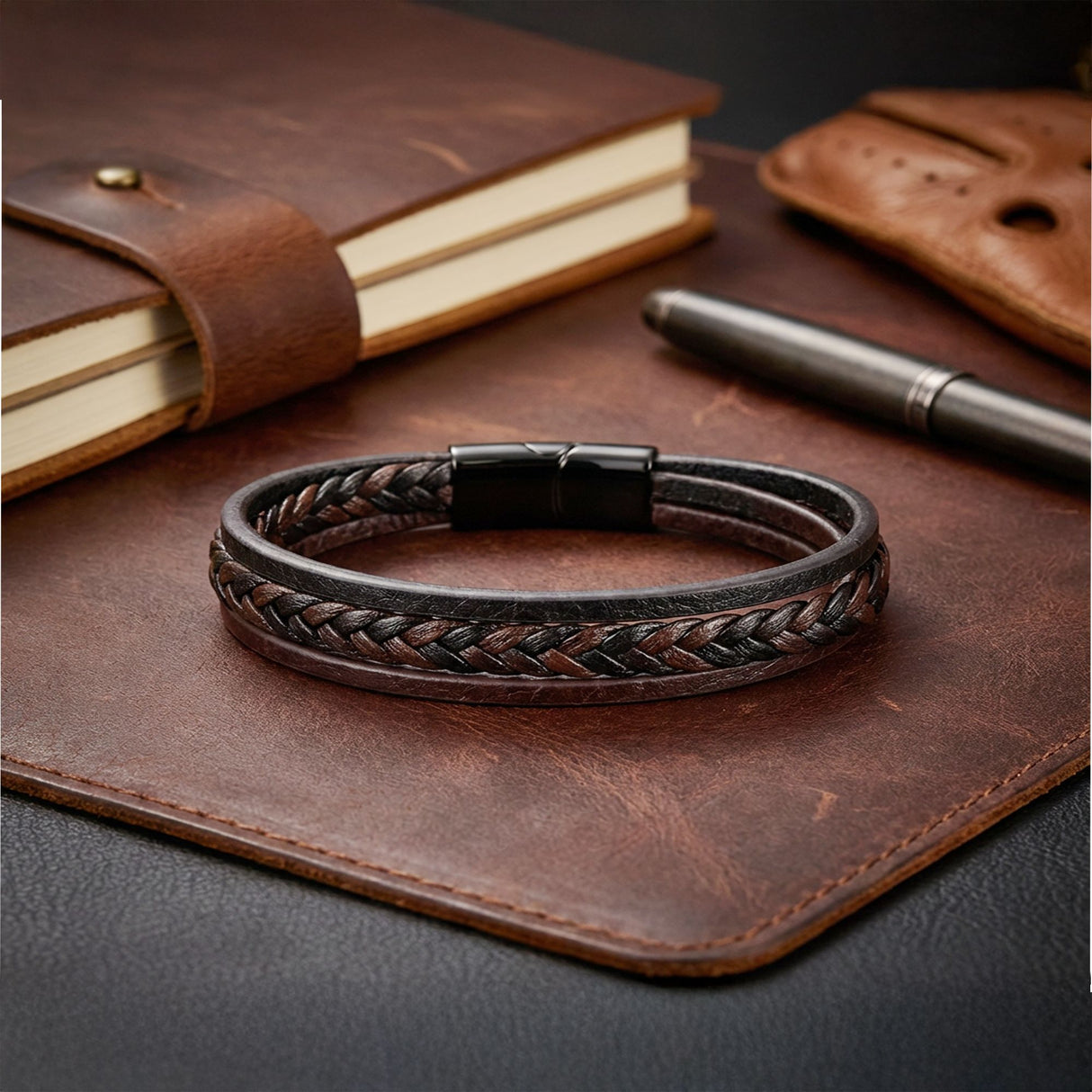 Niki Leather Kahverengi Siyah Deri Erkek Bileklik –Çelik Manyetik Kilitli 38933B14D2
