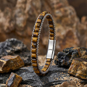 Niki Leather  Kaplan Gözü Doğal Taşlı Hasır Örgü Zincirli Erkek Çelik Bileklik 38932B28D15