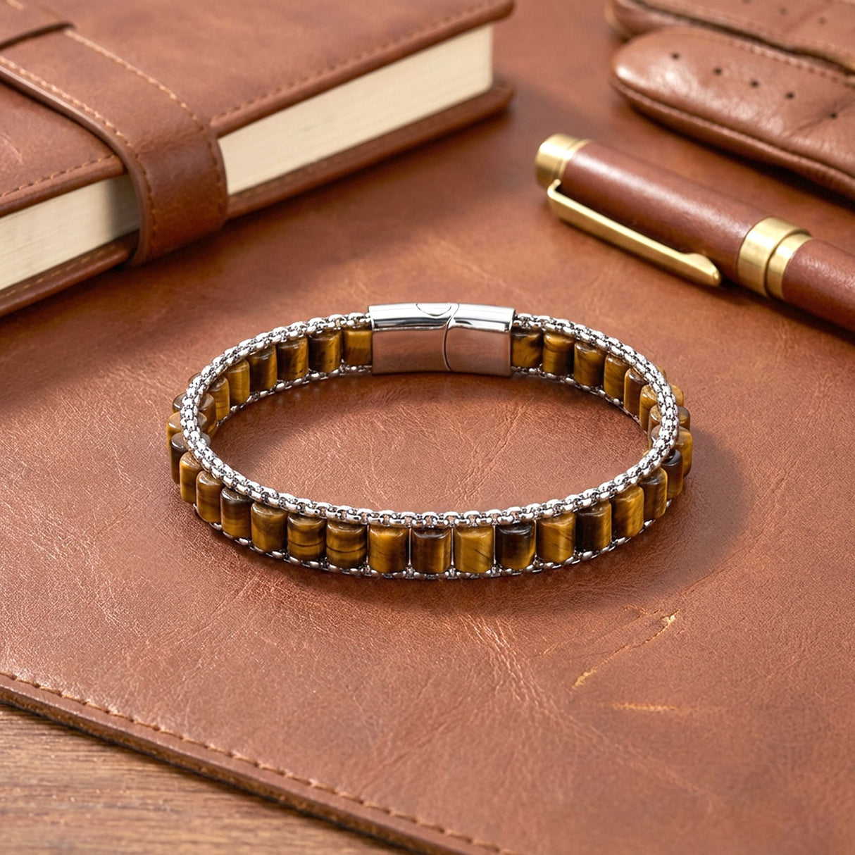 Niki Leather  Kaplan Gözü Doğal Taşlı Hasır Örgü Zincirli Erkek Çelik Bileklik 38932B28D15
