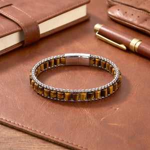 Niki Leather  Kaplan Gözü Doğal Taşlı Hasır Örgü Zincirli Erkek Çelik Bileklik 38932B28D15
