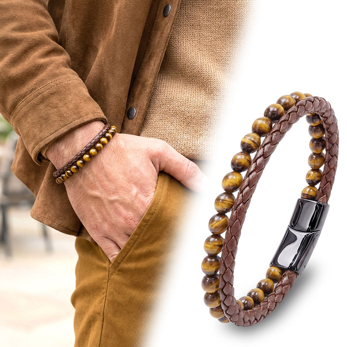 Niki Leather Kaplan Gözü Doğaltaş Deri Erkek Bileklik 38932B7D8