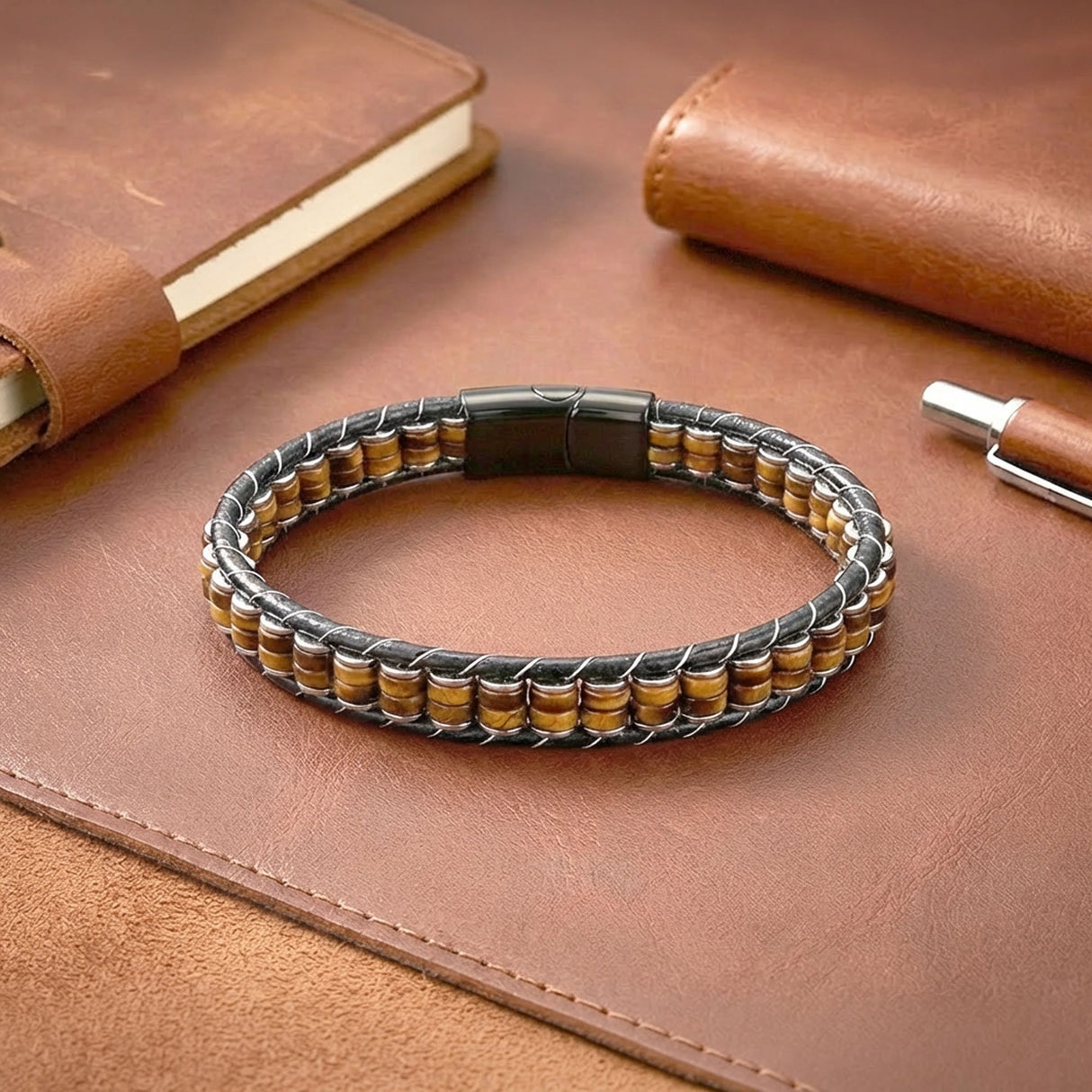 Niki Leather Kaplan Gözü & Hematit Çelik Örgülü Deri Bileklik 38932B22D1