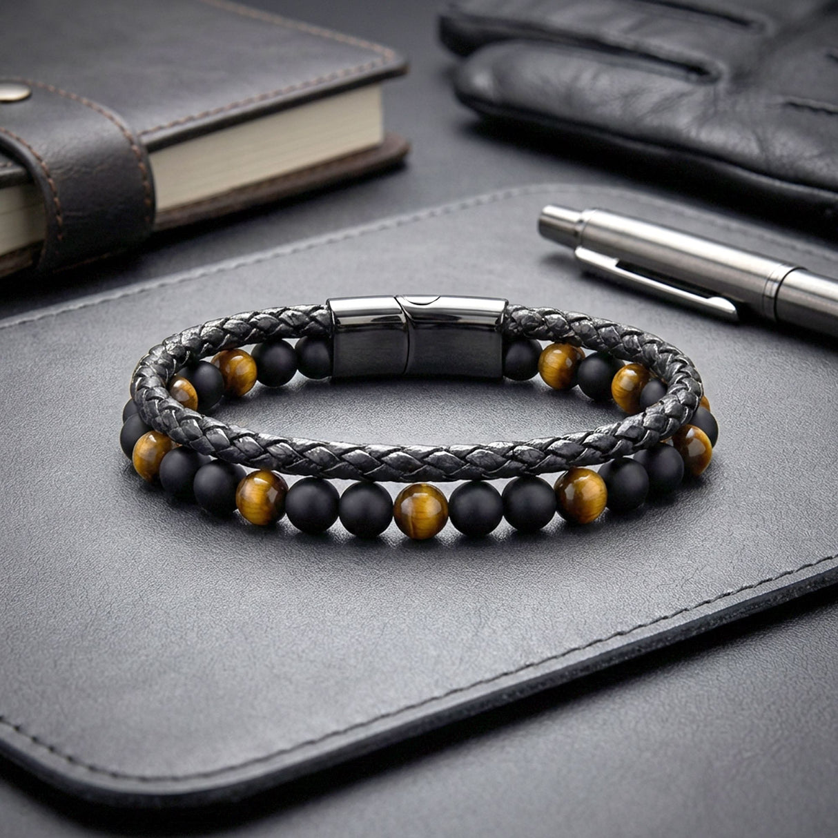 Niki Leather Kaplan Gözü Ve Oniks Doğaltaş Deri Çelik Bileklik 38932B7D29