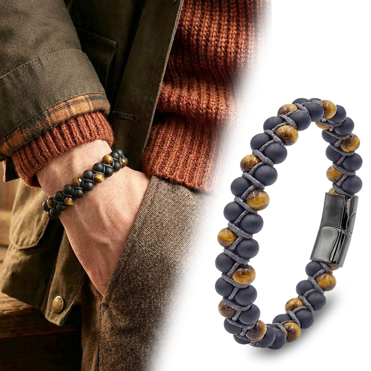 Niki Leather Kaplan Gözü Ve Oniks Doğaltaş Ve Çelik Halatlı Erkek Bileklik 38932B18D2