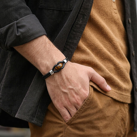Niki Leather Kaplangözü Doğal Taşlı Çelik Detaylı Ayarlanabilir Deri Erkek Bileklik 40132B14D9