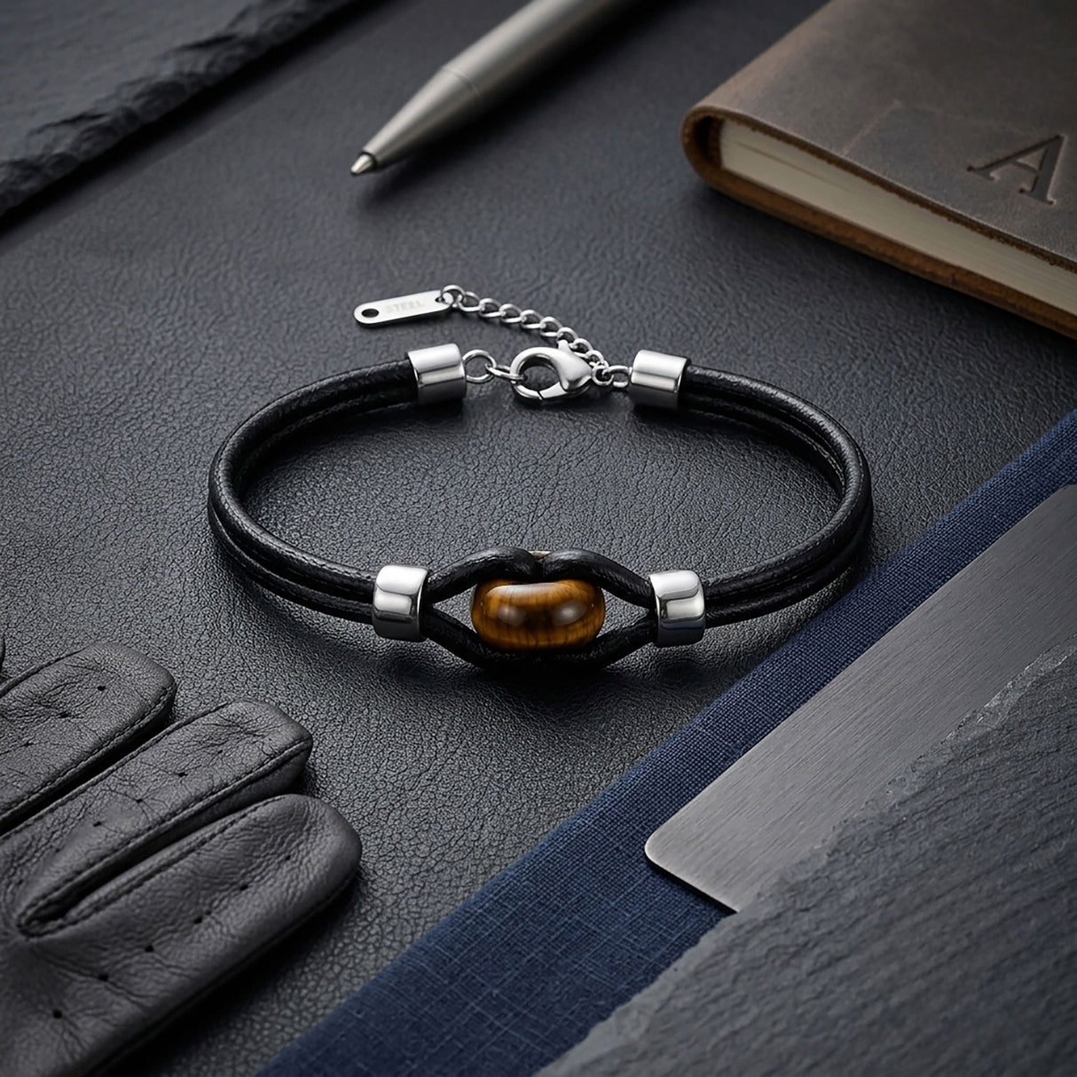 Niki Leather Kaplangözü Doğal Taşlı Çelik Detaylı Ayarlanabilir Deri Erkek Bileklik 40132B14D9