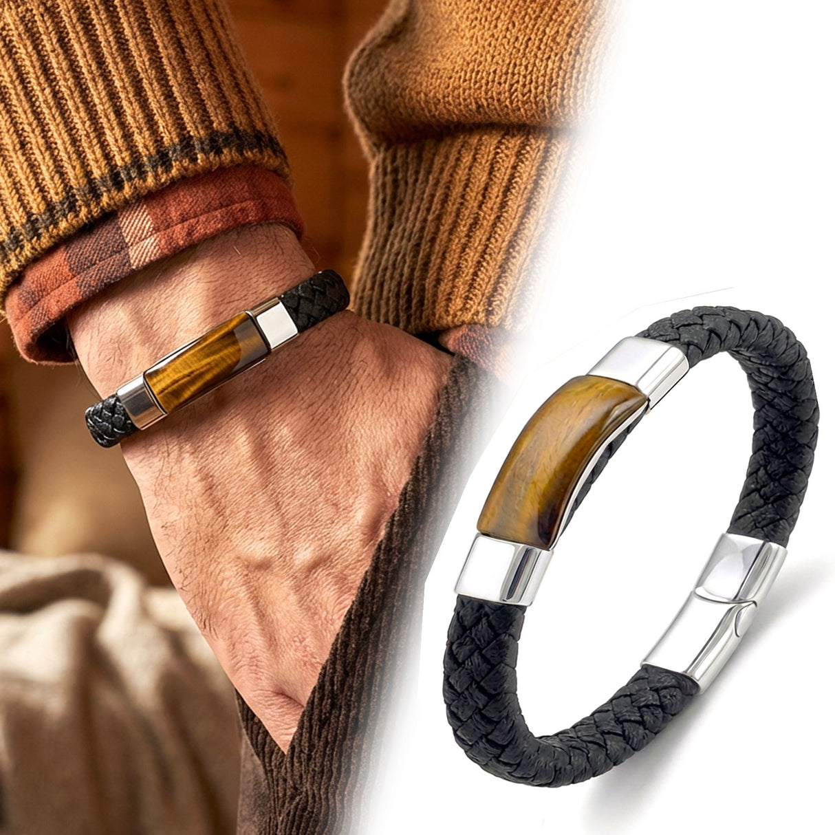 Niki Leather Kaplan Gözü Taşlı Siyah Deri Erkek Çelik Bileklik 38934B6D1