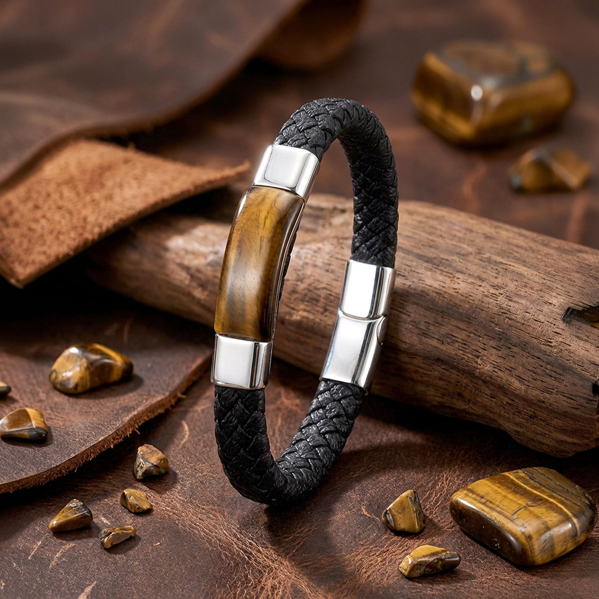Niki Leather Kaplan Gözü Taşlı Siyah Deri Erkek Çelik Bileklik 38934B6D1