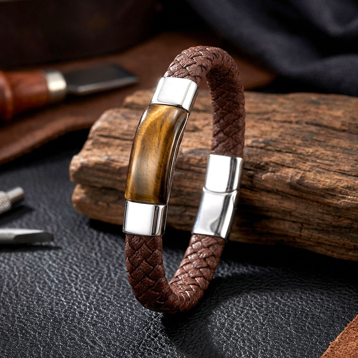 Niki Leather Kaplan Gözü Taşlı Kahverengi Deri Erkek Çelik Bileklik 38934B6D2