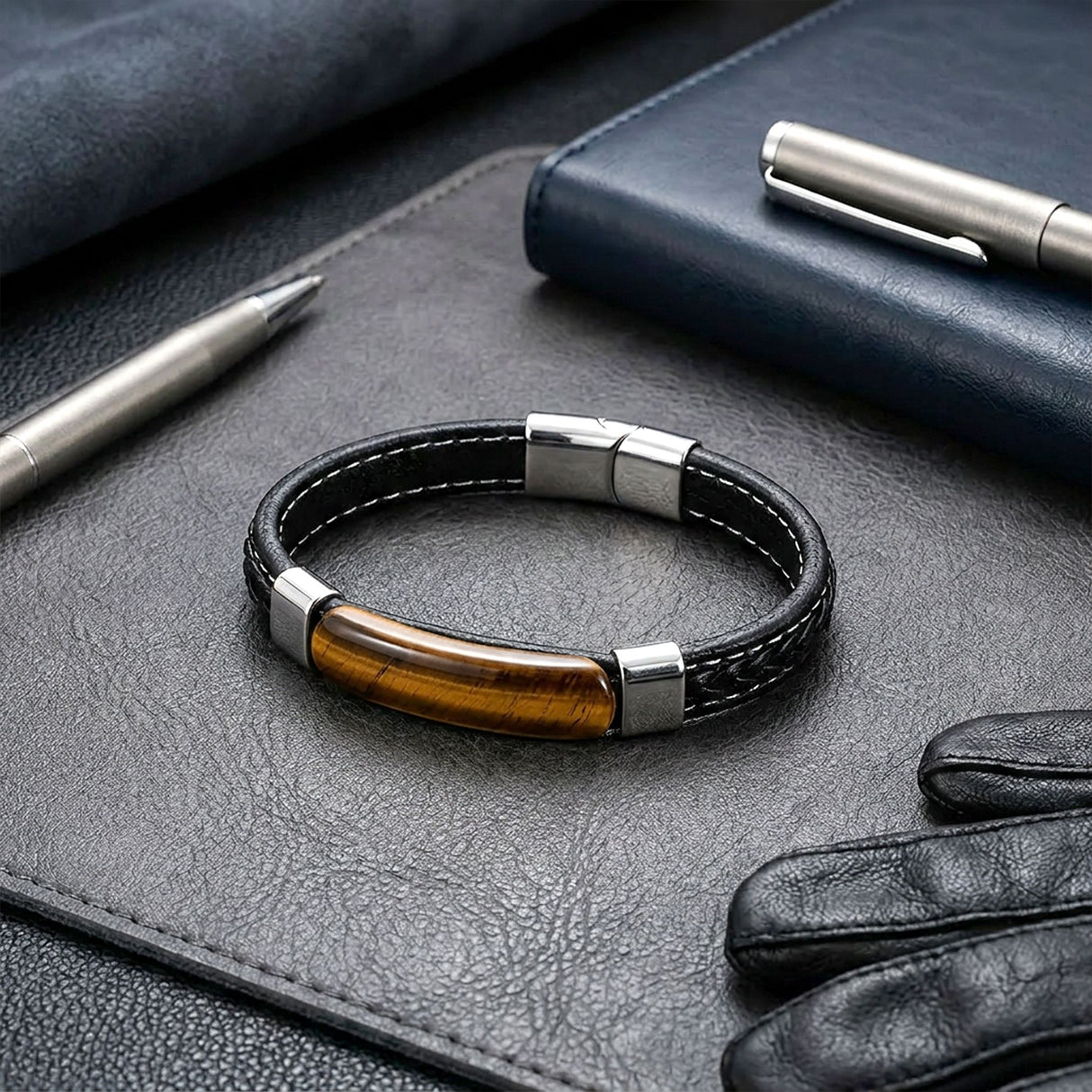 Niki Leather Kaplangözü Taş & Deri Kordonlu Titanyum Çelik Erkek Bileklik 40132B1D2