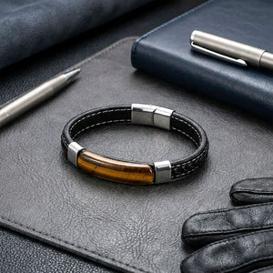 Niki Leather Kaplangözü Taş & Deri Kordonlu Titanyum Çelik Erkek Bileklik 40132B1D2