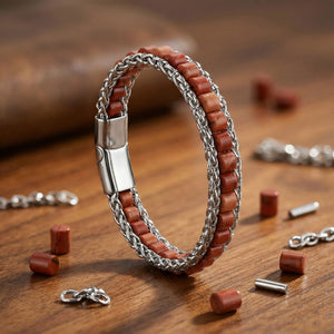 Niki Leather Kırmızı Jasper Doğal Taşlı Hasır Örgü Zincirli Erkek Çelik Bileklik 38932B28D10