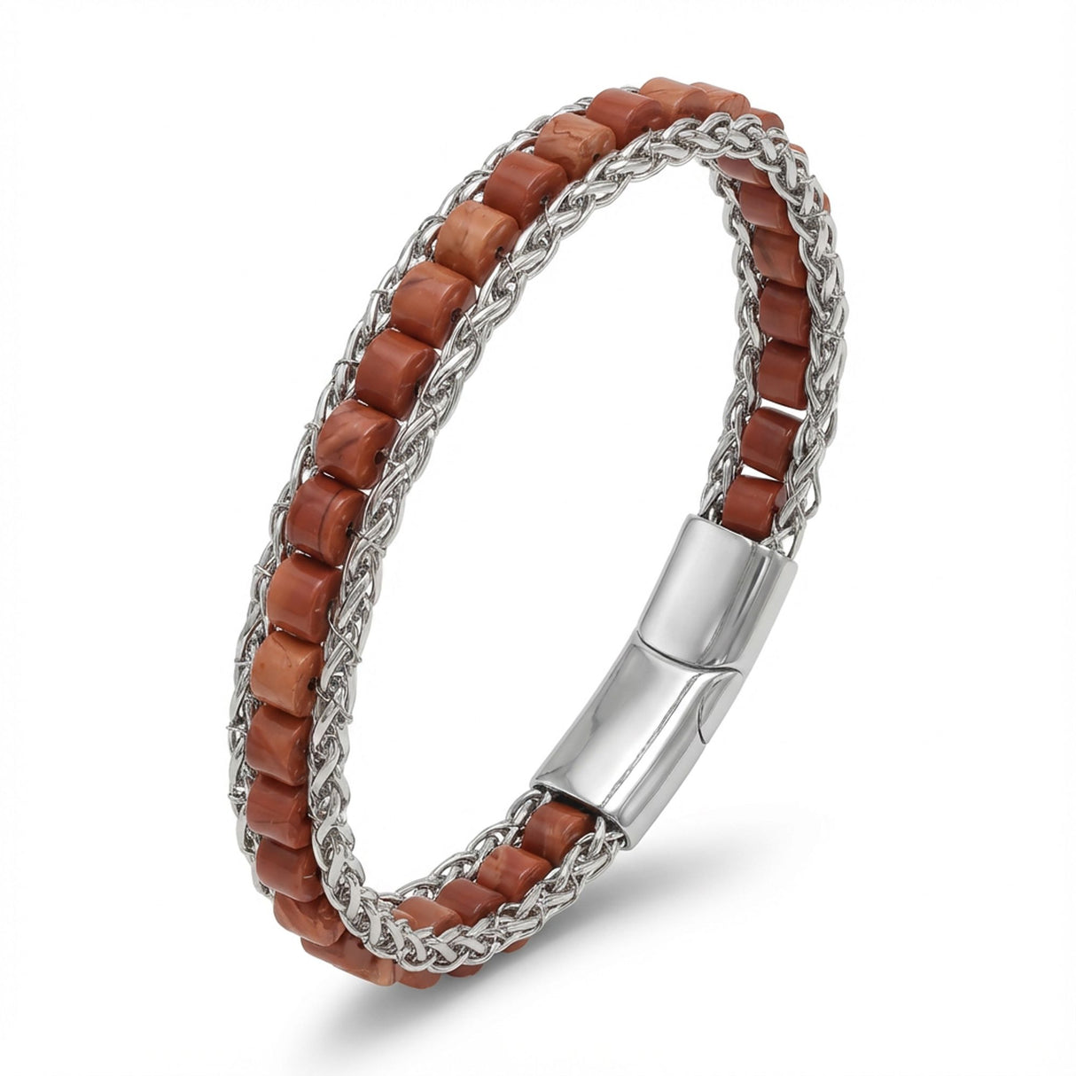 Niki Leather Kırmızı Jasper Doğal Taşlı Hasır Örgü Zincirli Erkek Çelik Bileklik 38932B28D10