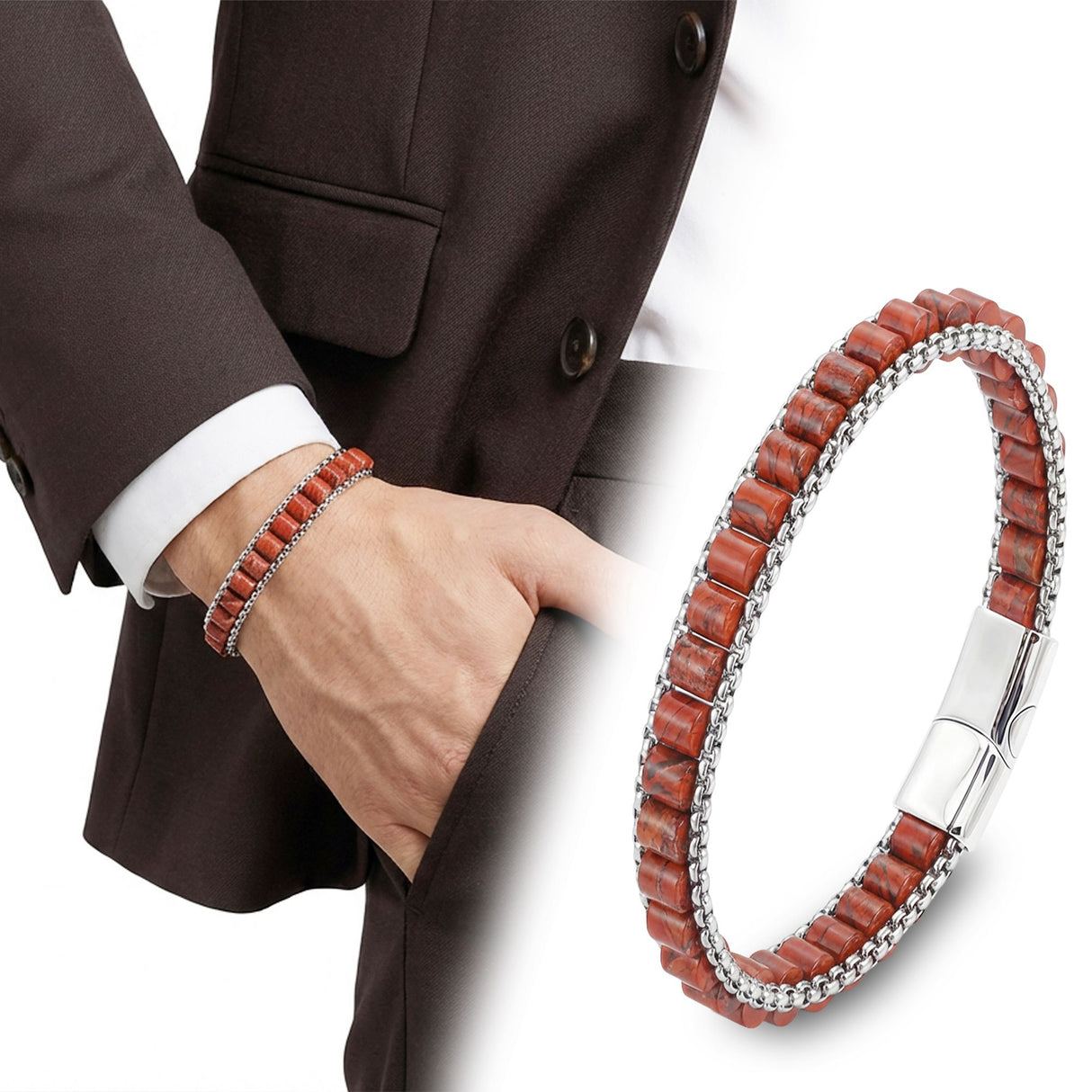 Niki Leather  Kırmızı Jasper Doğal Taşlı Hasır Örgü Zincirli Erkek Çelik Bileklik 38932B28D18