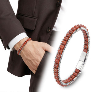 Niki Leather  Kırmızı Jasper Doğal Taşlı Hasır Örgü Zincirli Erkek Çelik Bileklik 38932B28D18