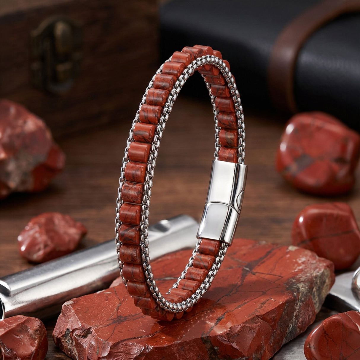 Niki Leather  Kırmızı Jasper Doğal Taşlı Hasır Örgü Zincirli Erkek Çelik Bileklik 38932B28D18