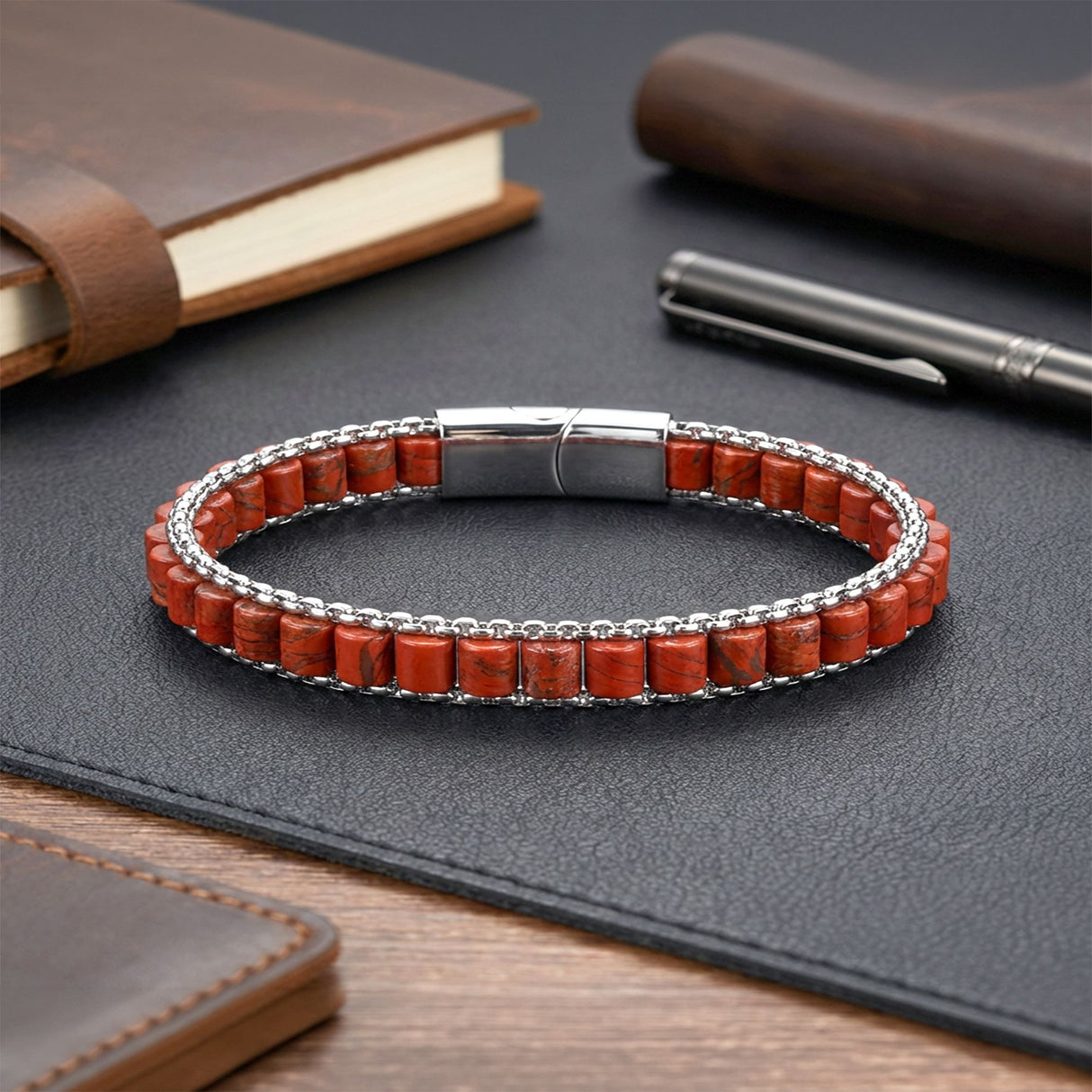 Niki Leather  Kırmızı Jasper Doğal Taşlı Hasır Örgü Zincirli Erkek Çelik Bileklik 38932B28D18