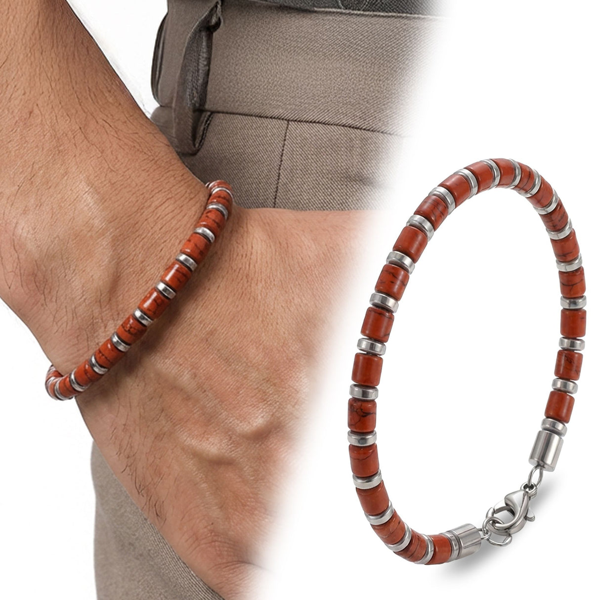 Niki Leather Kırmızı Jasper & Silver Hematit Taşlı Ayarlanabilir Çelik Zincir Erkek Bileklik 38932B10D4M5