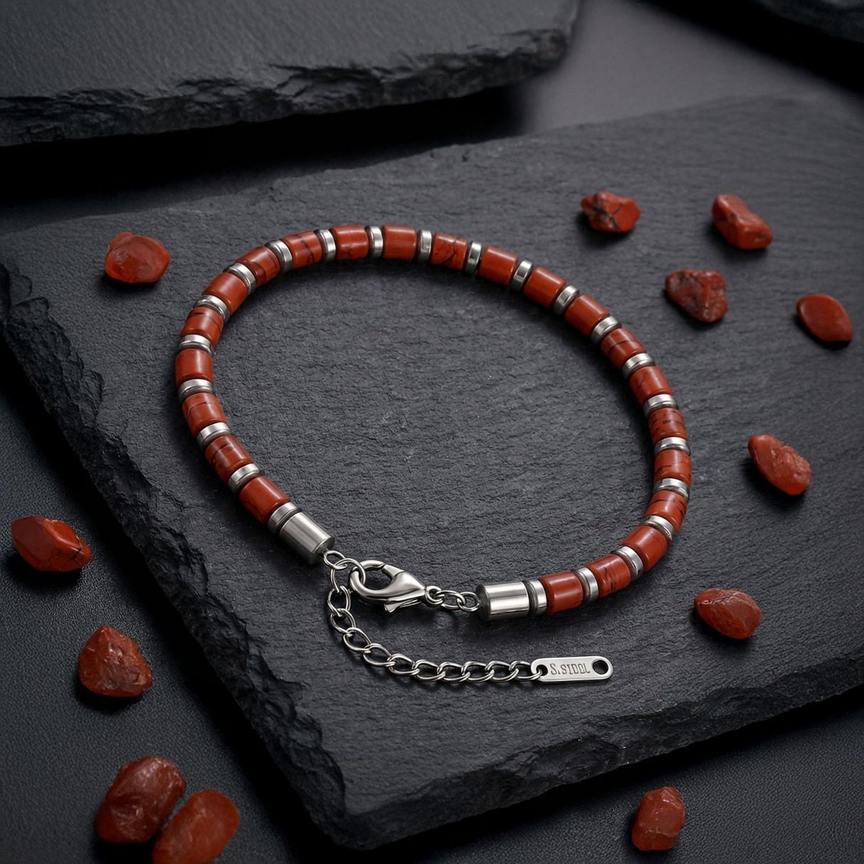 Niki Leather Kırmızı Jasper & Silver Hematit Taşlı Ayarlanabilir Çelik Zincir Erkek Bileklik 38932B10D4M5