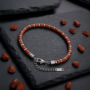 Niki Leather Kırmızı Jasper & Silver Hematit Taşlı Ayarlanabilir Çelik Zincir Erkek Bileklik 38932B10D4M5