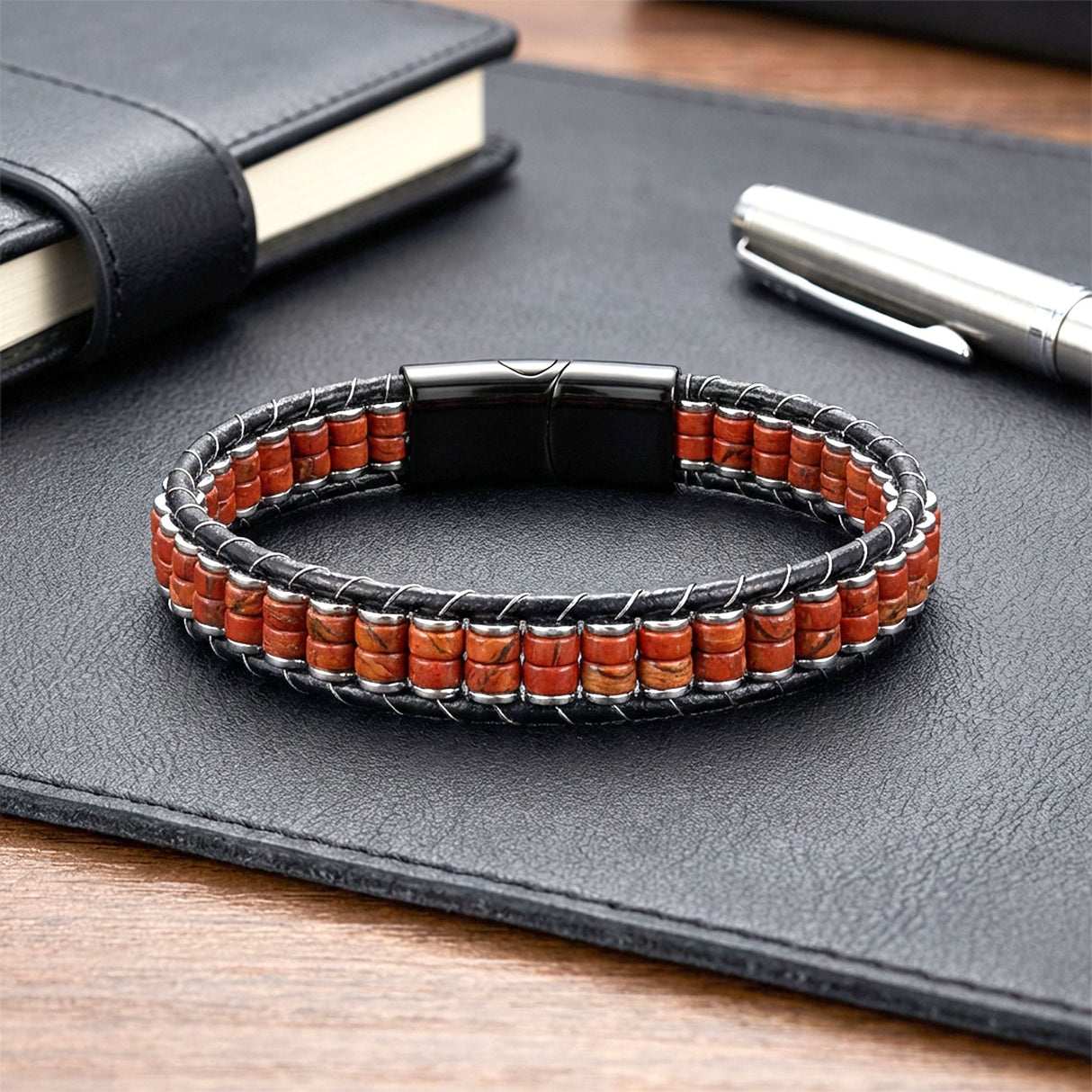 Niki Leather Kırmızı Jasper & Hematit Çelik Örgülü Deri Bileklik 38932B22D6