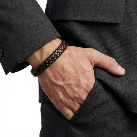 Niki Leather Kırmızı Siyah Deri Örgü Çelik Bileklik 38933B4D2