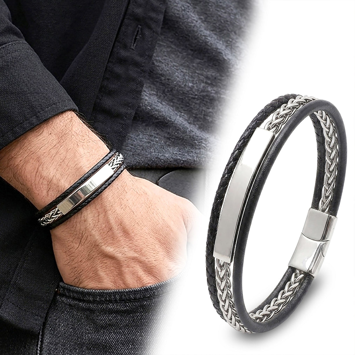 Niki Leather Hakiki  Deri Çelik Zincir Erkek Bileklik 40136B2D1