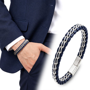 Niki Leather Lacivert Çift Zincir Çelik Ve Deri Bileklik 40134B2D6