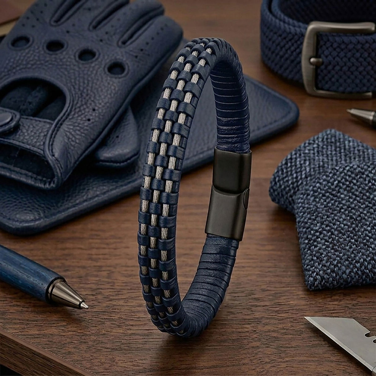 Niki Leather Lacivert Deri Burma Örgü Çelik Halat Bileklik 40134B1D3-4
