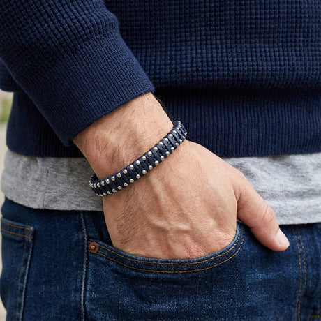 Niki Leather Lacivert Deri Ve Damla Çelik Zincirli Bileklik 38934B1D2-2